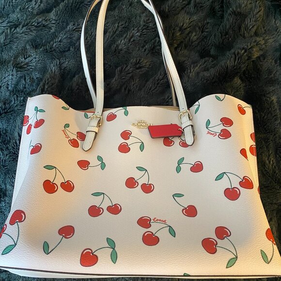 Mollie Tote With Heart Cherry Print; - Picture 1 of 8